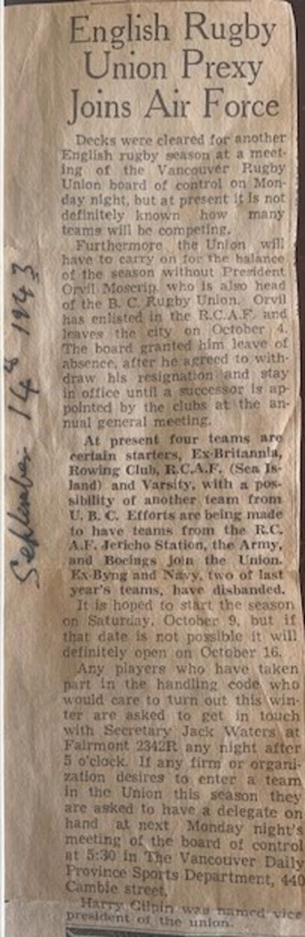 A newspaper cutting from 1943