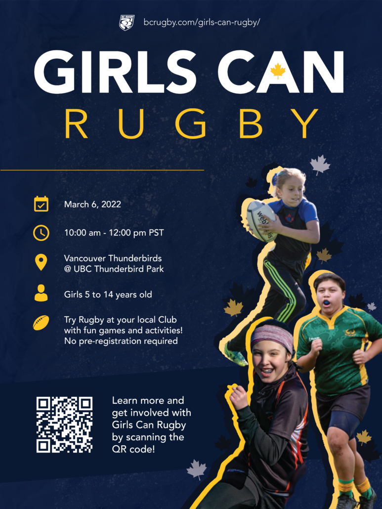 A promotional poste for Girls Can Rugby at UBC