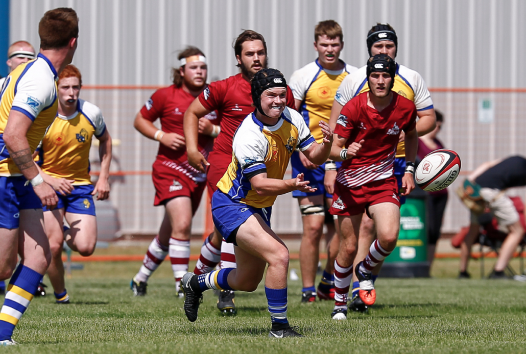 A male rugby player in a yellow and blue jersey carries the ball