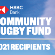 A grahic depicting Rugby posts, a red and white HSBC logo and Rugby Canada logo with words Community Rugby Fund 2021 Recipients