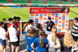 A group of children listen to someone giving a talk in front of a media advertising board