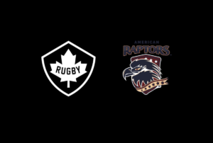 A black graphic depicting the white Rugby Canada logo and American Raptors logo
