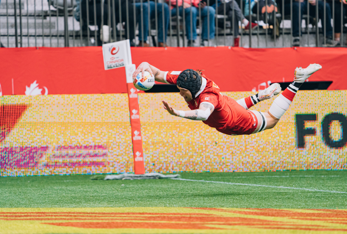 Canada's Jake Thiel dives across the line to score a try at BC Place