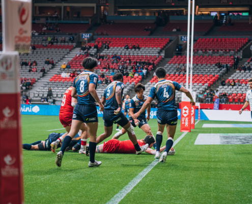 Canada's Jake Thiel reaches to score a try on the BC Place field