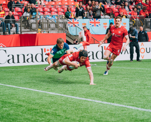 Jake Thiel scores a try for Rugby Canada against Scotland at BC Place