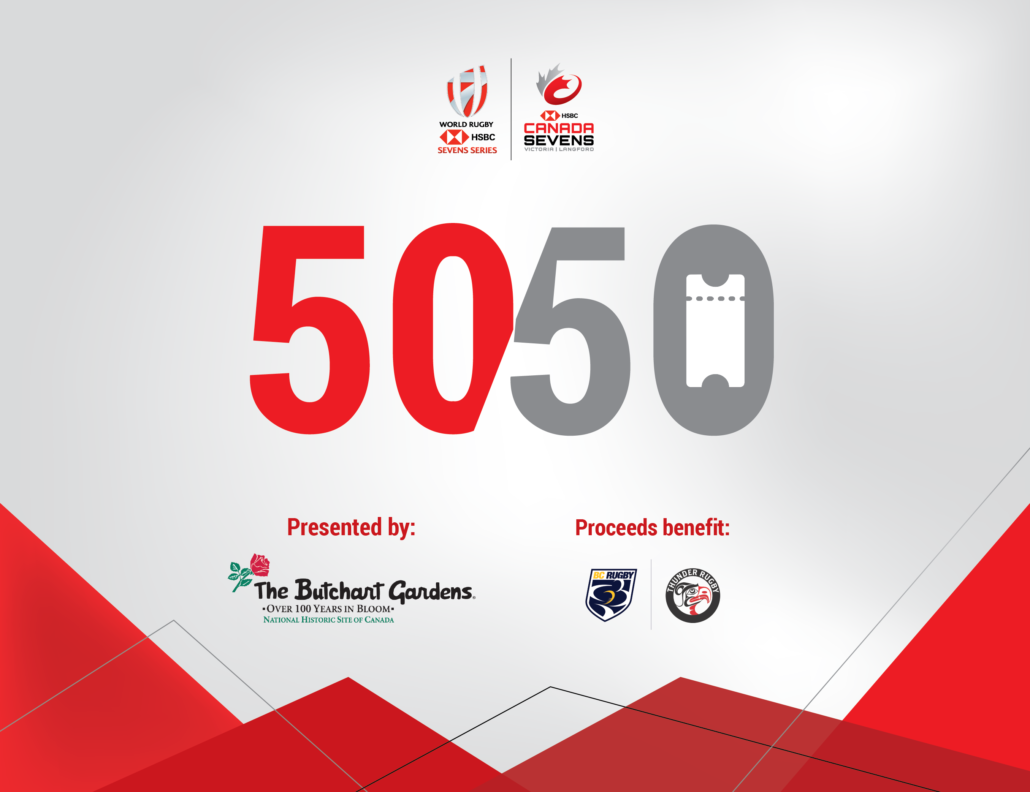 A red and white graphic showing a 50/50 logo