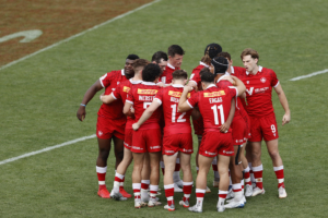 Canada's Men's Sevens team huddles before a match at the HSBC France Sevens in Toulouse
