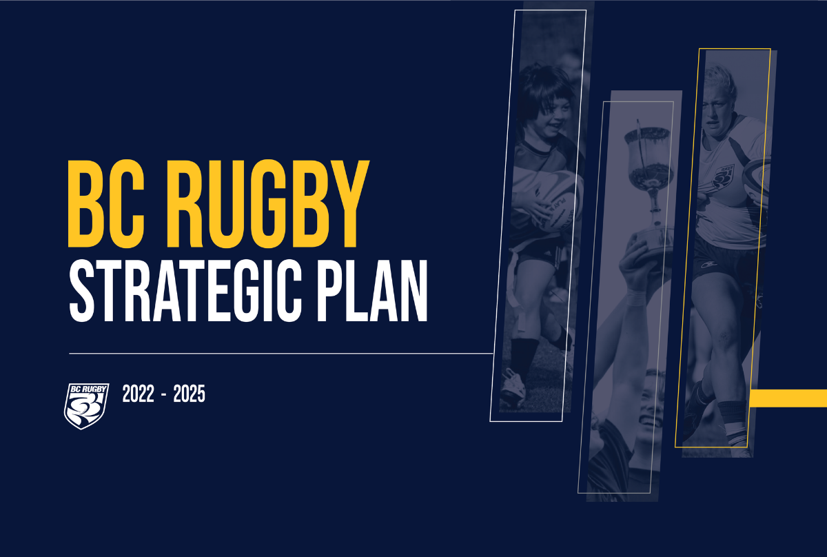 A navy screen with gold and white text of BC Rugby Strategic Plan 2022-2025