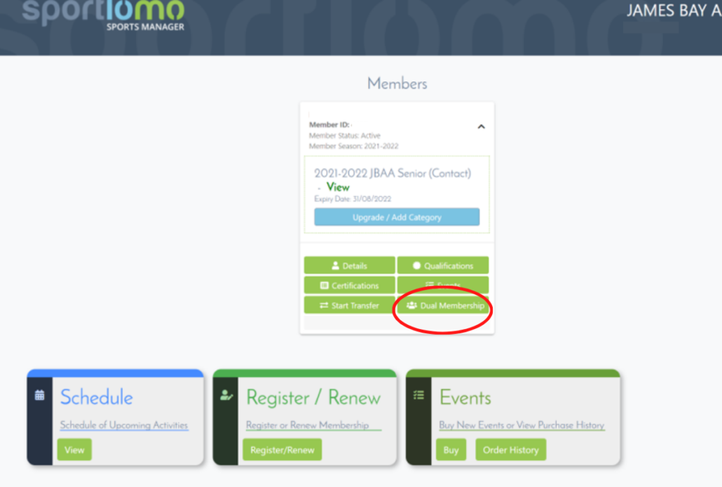 A screenshot of the SportLomo Member page