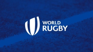 A white World Rugby logo on a blue background
