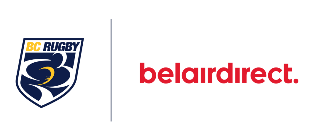 A logo lock up with the BC Rugby shield on the left and belairdirect logo on the right