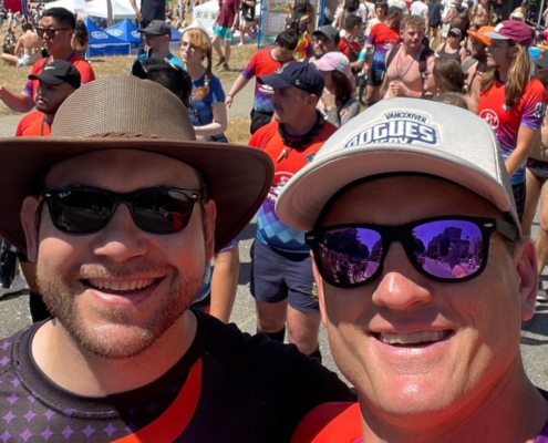 Two members of the Vancouver Rogues take a selfie during the 2022 Vancouver Pride Festival