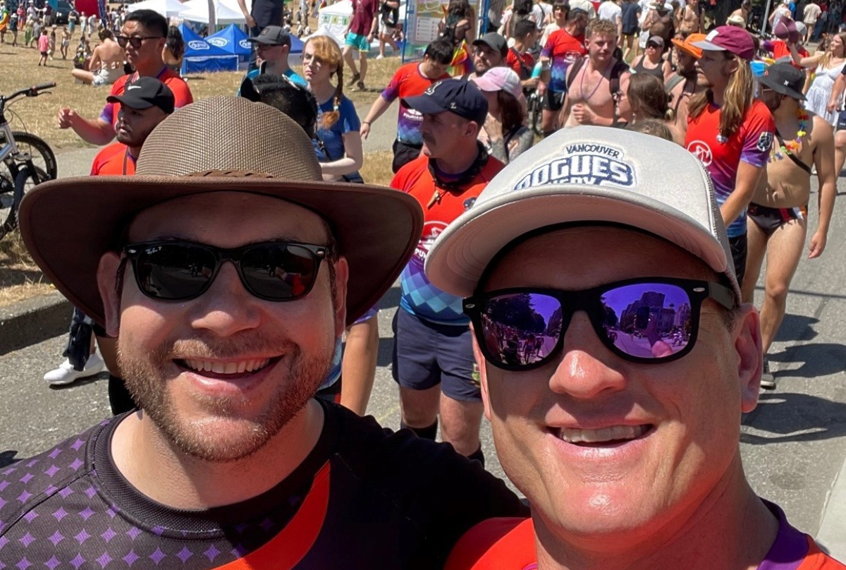 Two members of the Vancouver Rogues take a selfie during the 2022 Vancouver Pride Festival