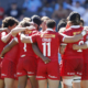 The Canada Men's Sevens Team huddles before the start of a match at the 2022 HSBC LA Sevens