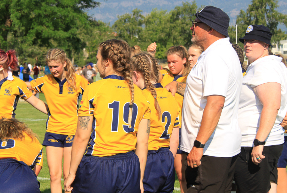Two coaches give a team talk to a group of female Rugby players
