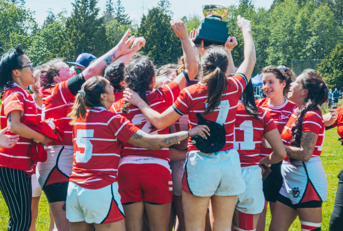 A team celebrates winning the 2022 BC Rugby Women''s Division 2 Championship