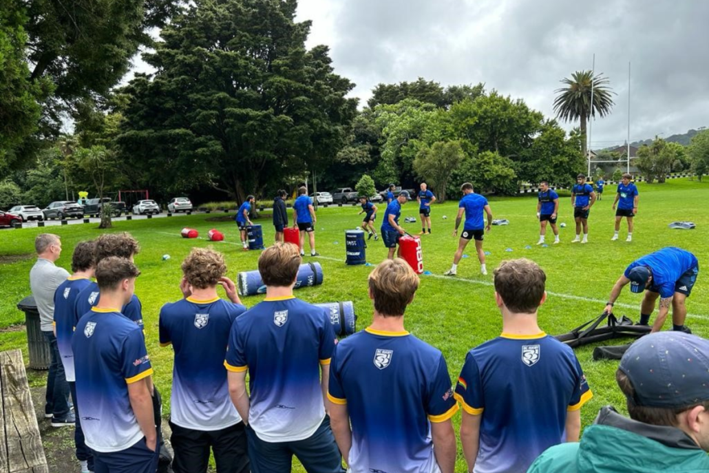 BC Bears Elite 7s Boys watch an Auckland Blues training session in New Zealand