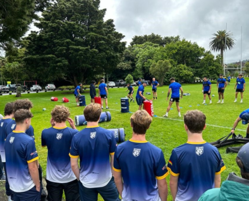 BC Bears Elite 7s Boys watch an Auckland Blues training session in New Zealand