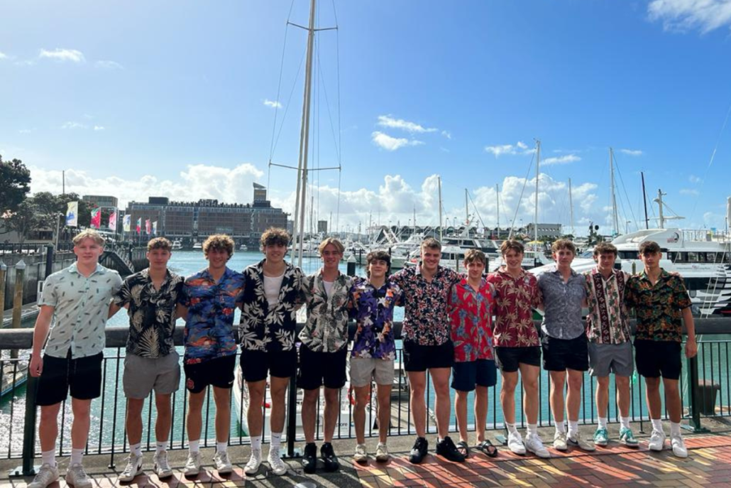 BC Bears Elite 7s Boys pose for a team photo at Auckland harbour