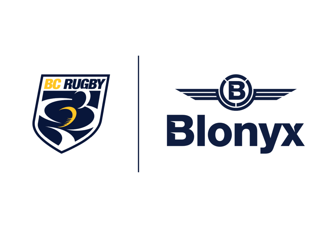 A logo lock up of the BC Rugby Primary Shield and the Blonyx primary logo