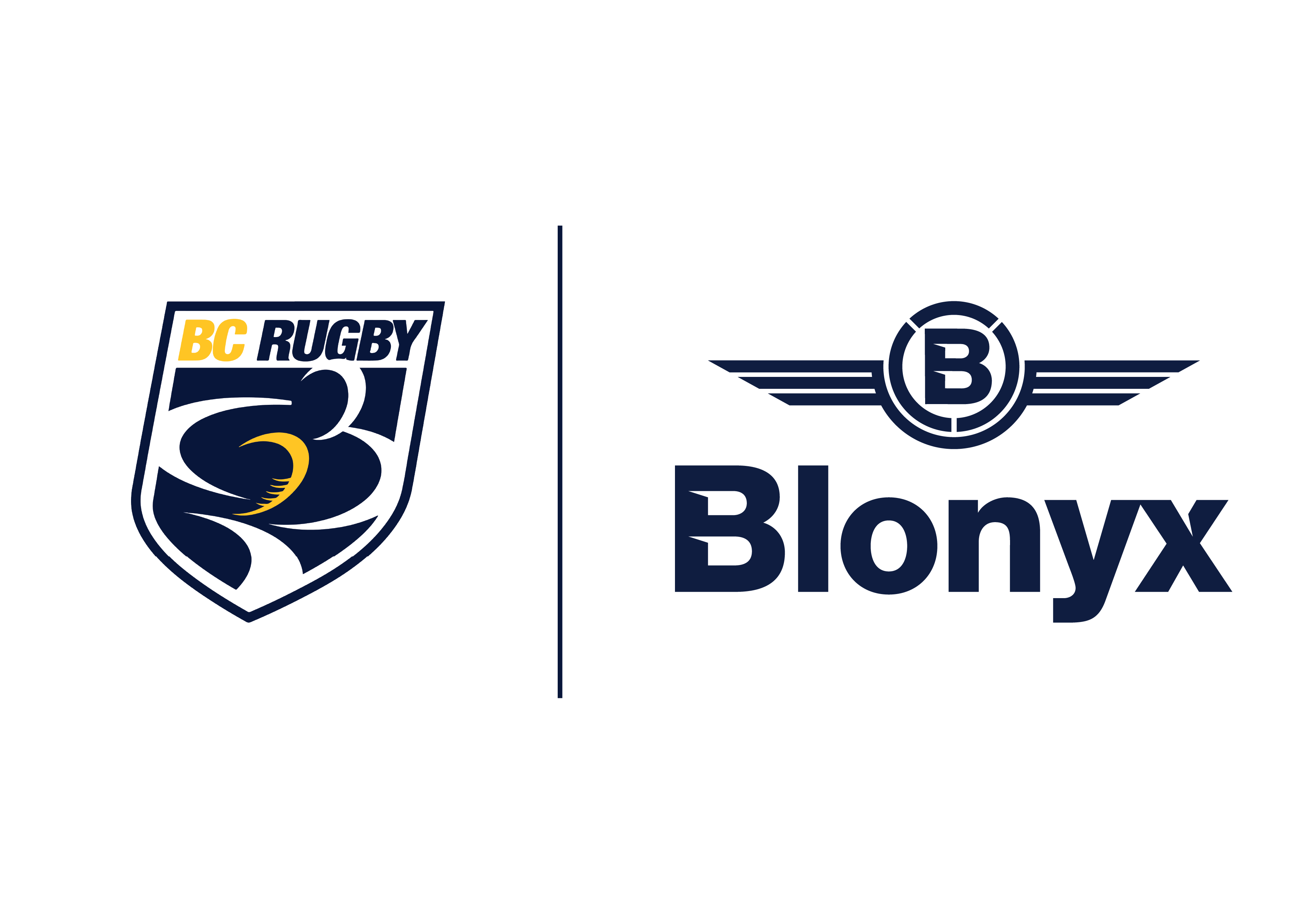 A logo lock up of the BC Rugby Primary Shield and the Blonyx primary logo