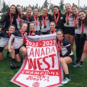 UBC Thunderbirds celebrate winning the 2023 Canada West Rugby 7s