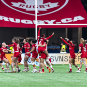 Rugby Canada Women's squad celebrates making the 2024 HSBC SVNS Vancouver Semi-Finals