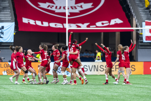 Rugby Canada Women's squad celebrates making the 2024 HSBC SVNS Vancouver Semi-Finals