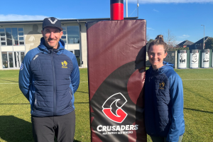 Jonathan Mergui and Darcy Patterson stand in front of the Crusaders post pads in Christchurch