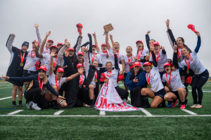 UBC Thunderbirds celebrate winning the 2023 Can West title