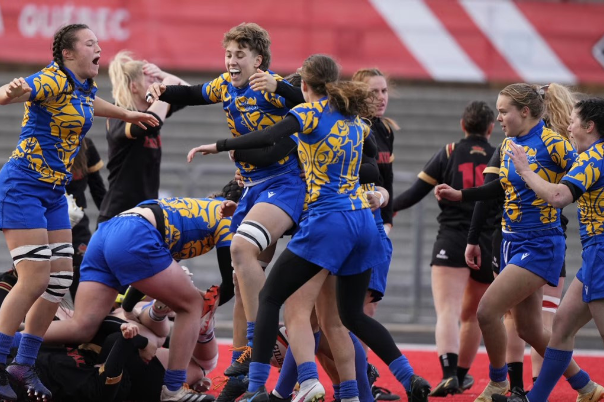 UVIC Vikes celebrate a try during the 2023 Canada West season