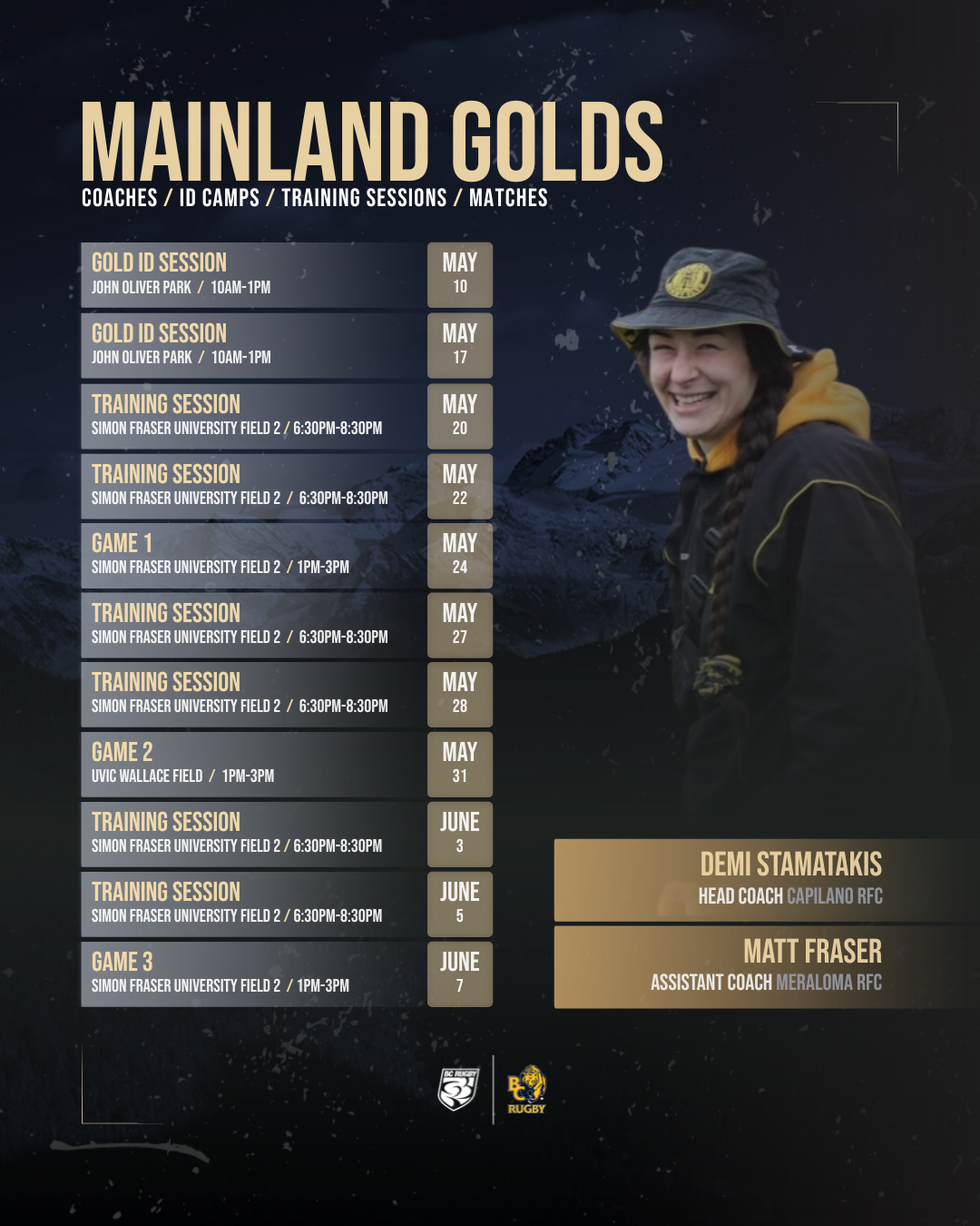 2025 Mainland Gold Training and Match Times Graphic