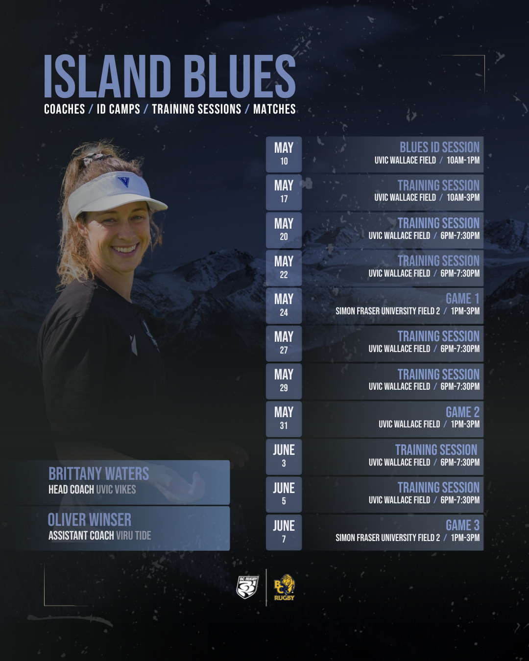 2025 Island Blues Training and Match Times Graphic