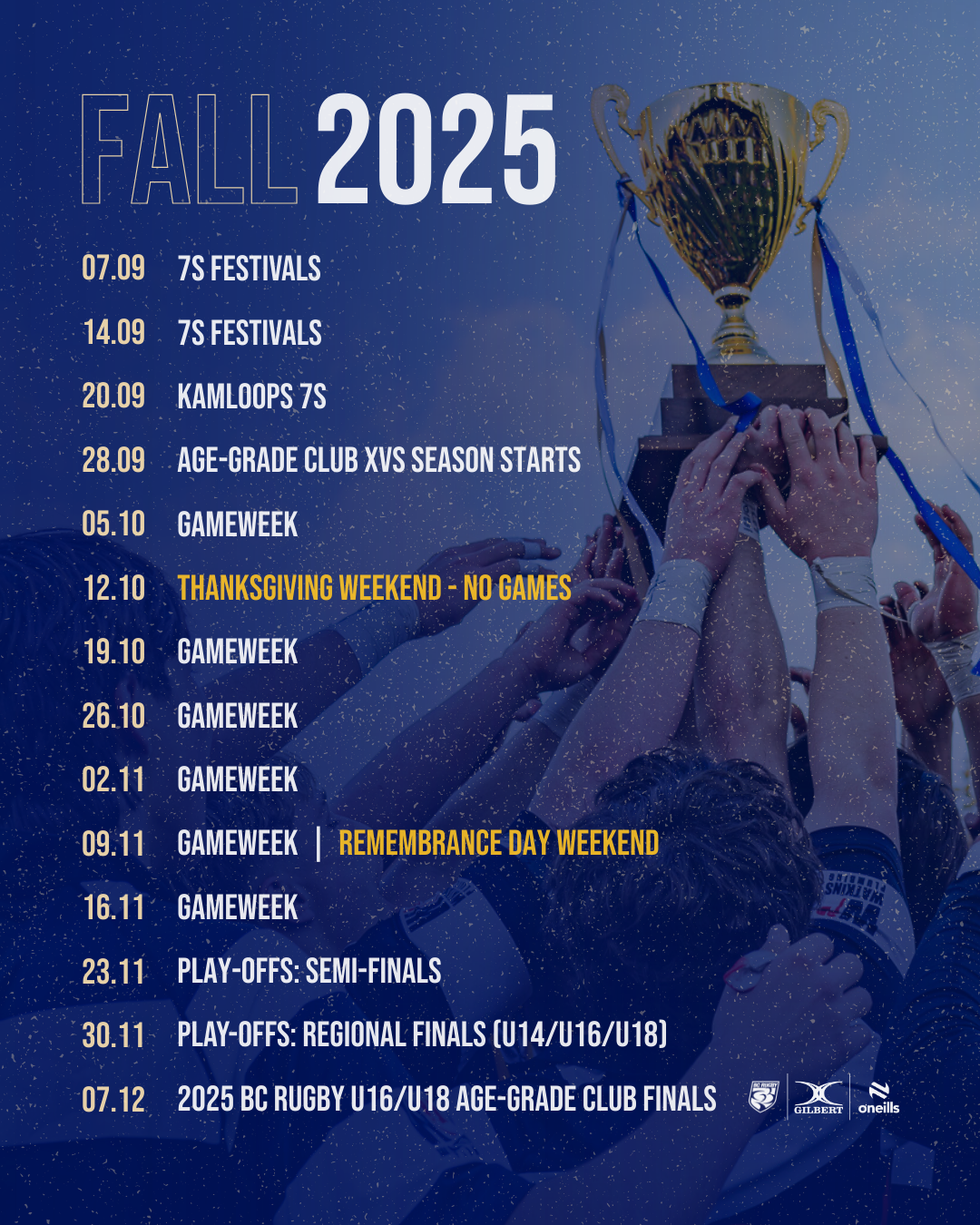 2025 BC Rugby Age-Grade Fall Club Season Key Dates